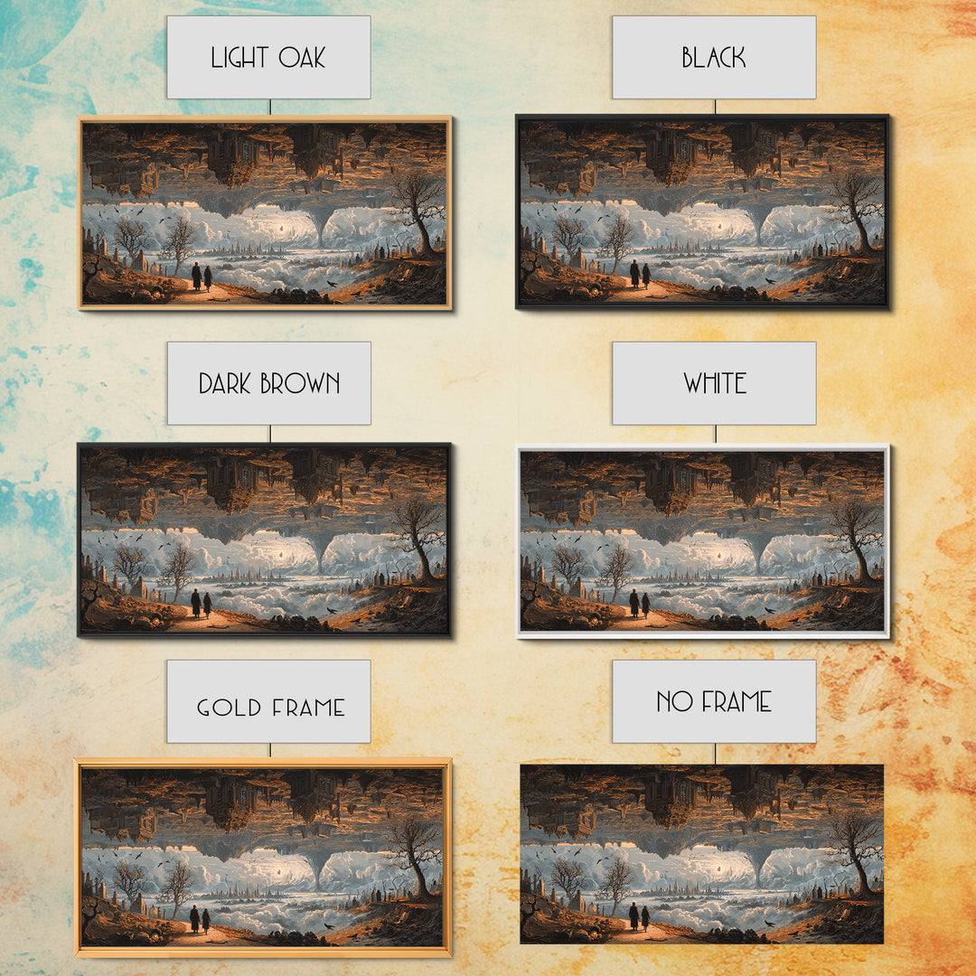 The Upside-Down Cemetery, Apocalyptic Romantic Art, Wide Panoramic Art, Macabre Wall Art, Framed Canvas Print, Halloween Wall Art