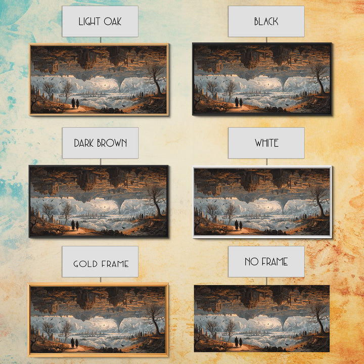 The Upside-Down Cemetery, Apocalyptic Romantic Art, Wide Panoramic Art, Macabre Wall Art, Framed Canvas Print, Halloween Wall Art
