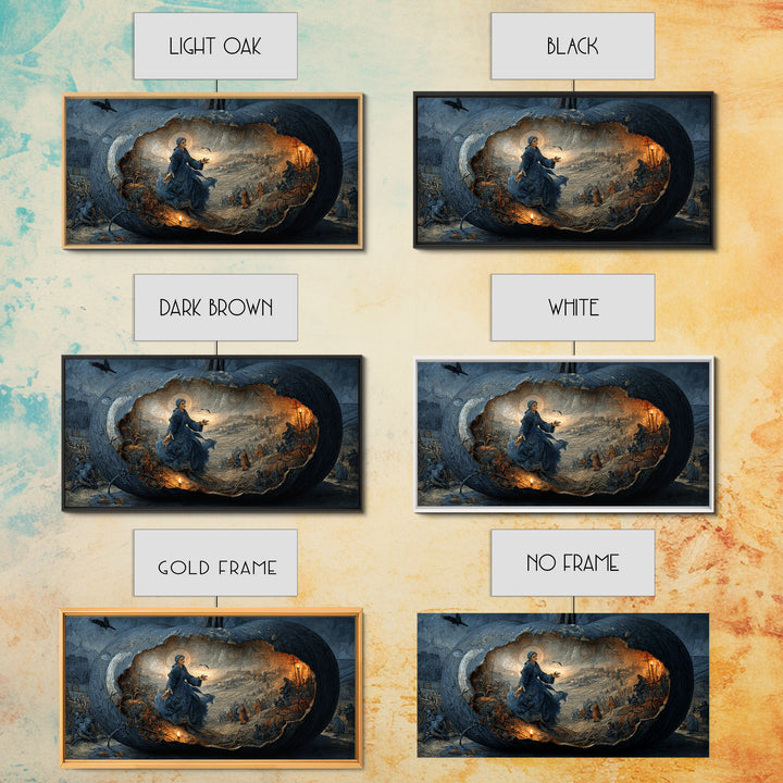 The Moon Inside A Pumpkin, Northern Renaissance Horror, Wide Panoramic Art, Dark Halloween Decor, Framed Canvas Print