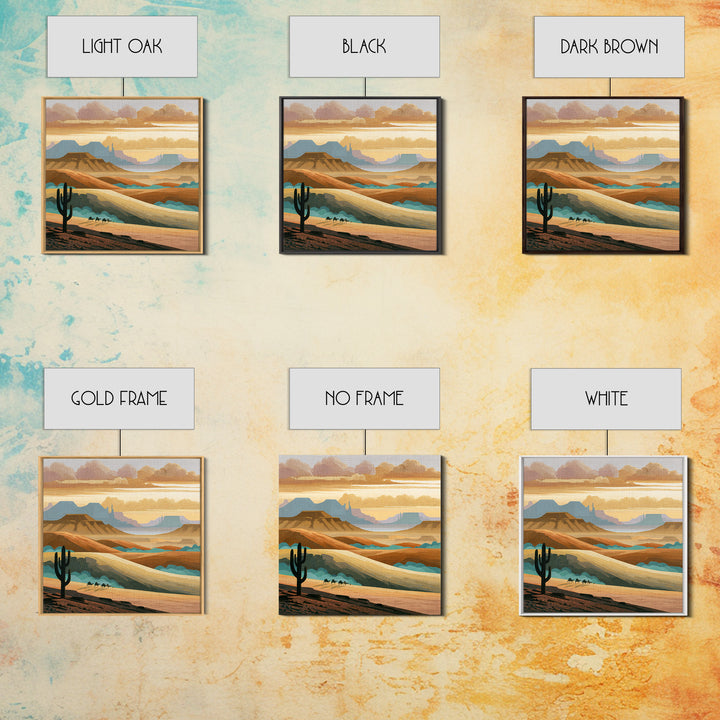 Saharan Dunes with Tiny Caravan Silhouettes Framed Canvas Print, Desert Art, Art Print, Southwestern Decor, Fine Art, Desert, DES-1x1-74