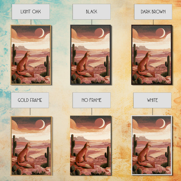 Desert Fox Beneath a Crescent Moon Framed Canvas Print, Desert Art, Abstract Wall Art, Southwestern Decor, Oil Painting, Desert, DES-2x3-1