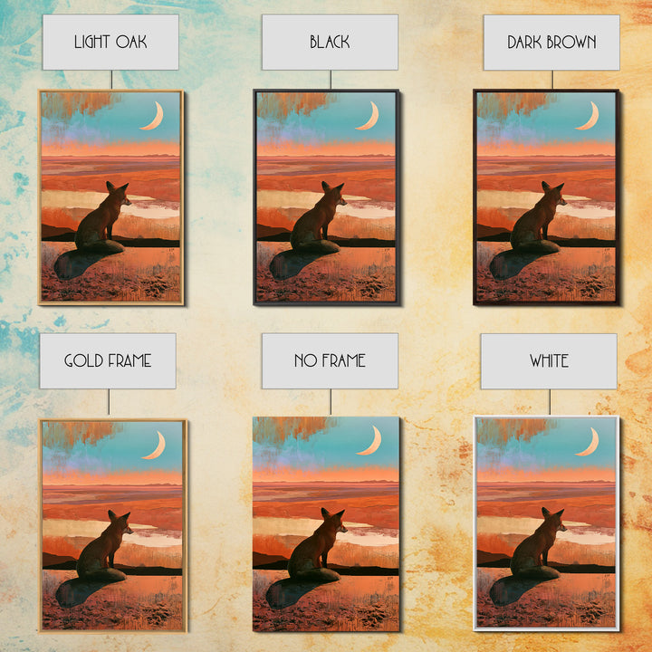 Desert Fox Beneath a Crescent Moon Framed Canvas Print, Desert Art, Abstract Wall Art, Southwestern Decor, Oil Painting, Desert, DES-2x3-25
