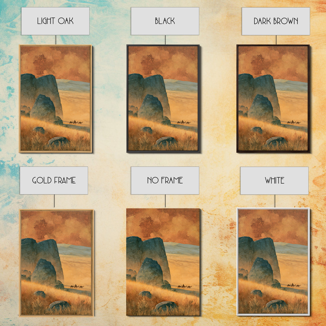 Saharan Dunes with Tiny Caravan Silhouettes Framed Canvas Print, Desert Art, Boho, Southwestern Decor, Fine Art, Desert, DES-2x3-34