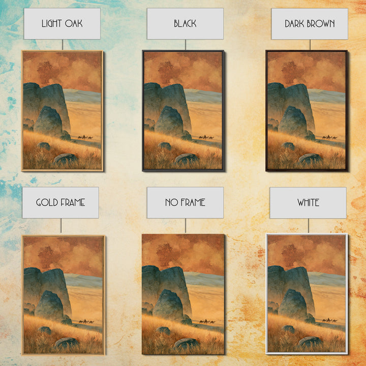 Saharan Dunes with Tiny Caravan Silhouettes Framed Canvas Print, Desert Art, Boho, Southwestern Decor, Fine Art, Desert, DES-2x3-34