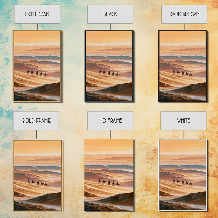 Camel Caravan Crossing Golden Dunes Framed Canvas Print, Desert Art, Botanical Art, Southwestern Decor, Watercolor Art, Desert, DES-2x3-63
