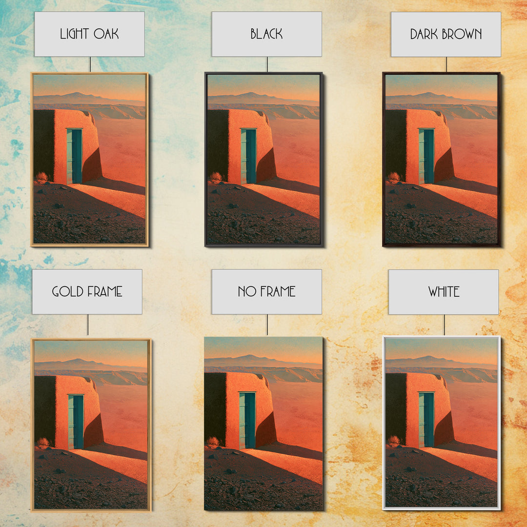 Adobe Doorway with Turquoise Shadow Framed Canvas Print, Desert Art, Nature Wall Art, Southwestern Decor, Oil Painting, Desert, DES-2x3-85
