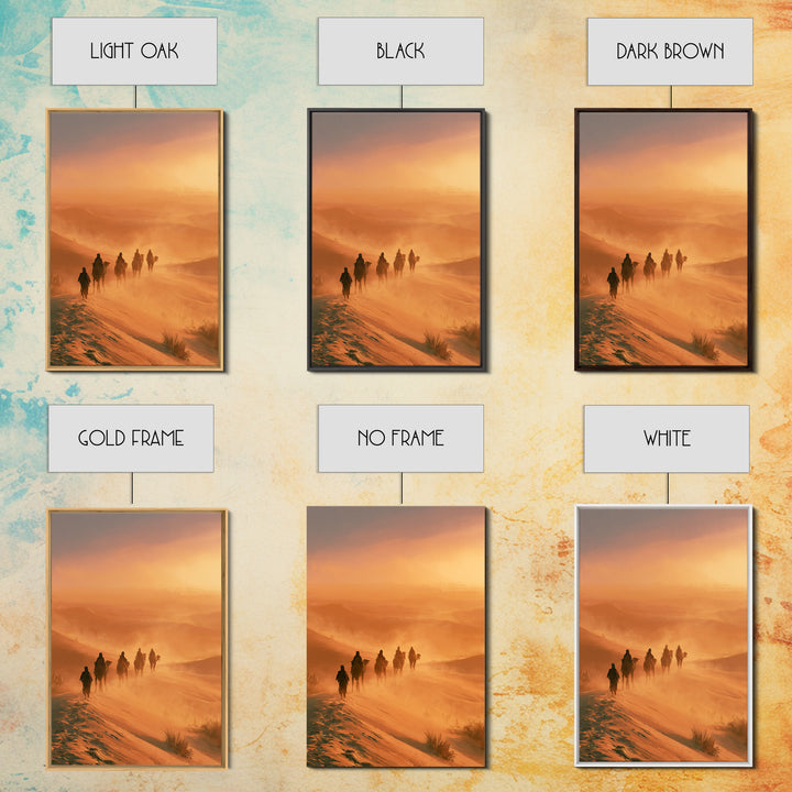 Camel Caravan Crossing Golden Dunes Framed Canvas Print, Desert Art, Southwestern Decor, Oil Painting, Desert, DES-2x3-87