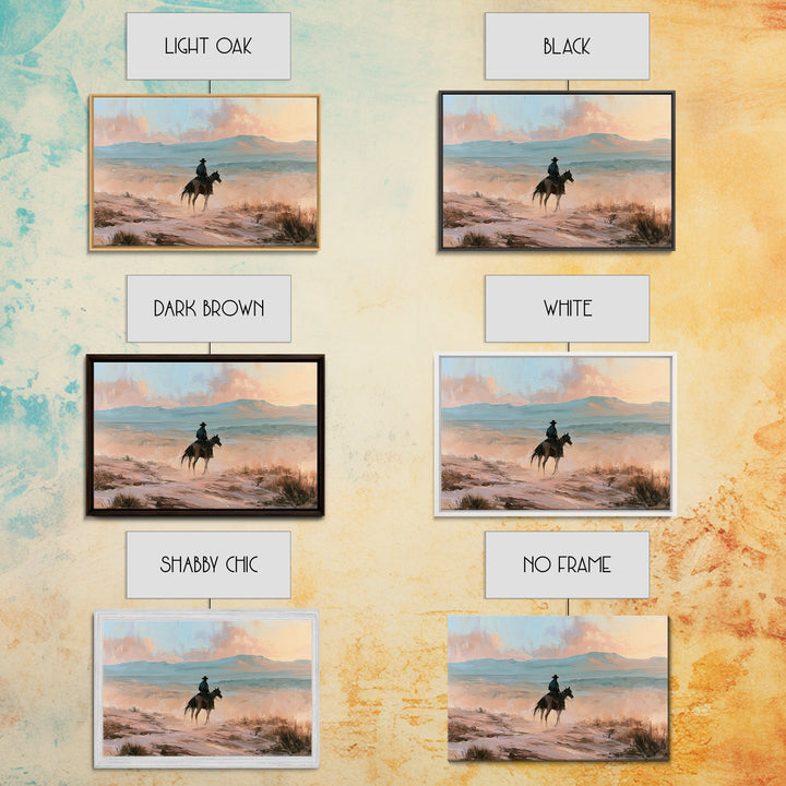 Dusty Horseback Rider at Sunset Framed Canvas Print, Desert Art, Wall Art, Southwestern Decor, Desert, Apartment Decor, DES-3x2-27
