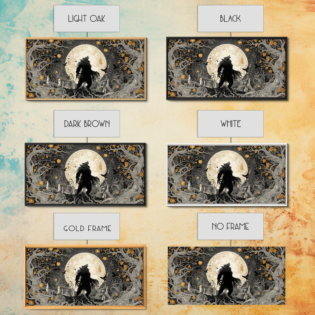 The Moon-Cursed Werewolf, Wide Panoramic Art, Macabre Wall Art, Framed Canvas Print, Halloween Wall Decor, Gothic Home Decor