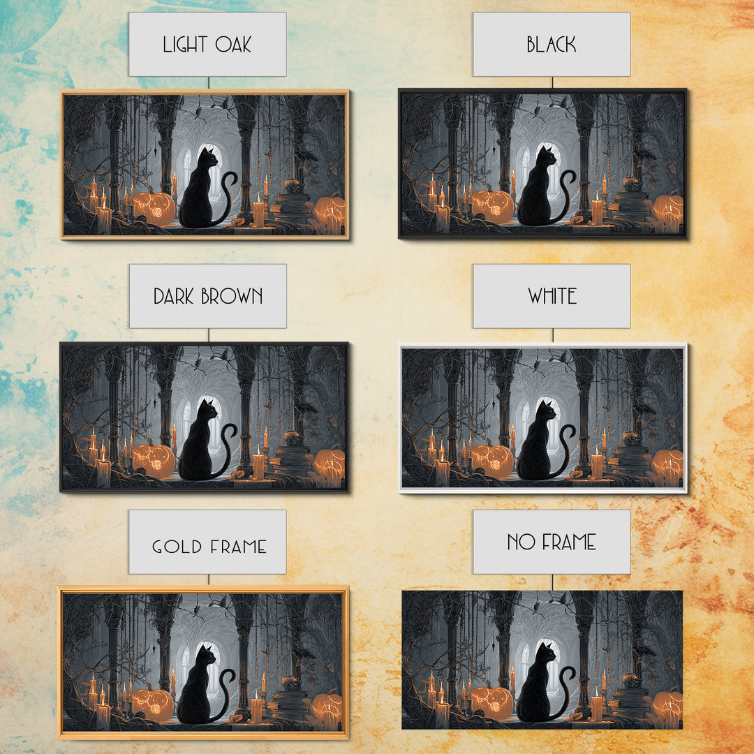 The Black Cat Familiar, Wide Panoramic Art, Haunted Gothic Art, Framed Canvas Print, Halloween Wall Decor, Gothic Home Decor