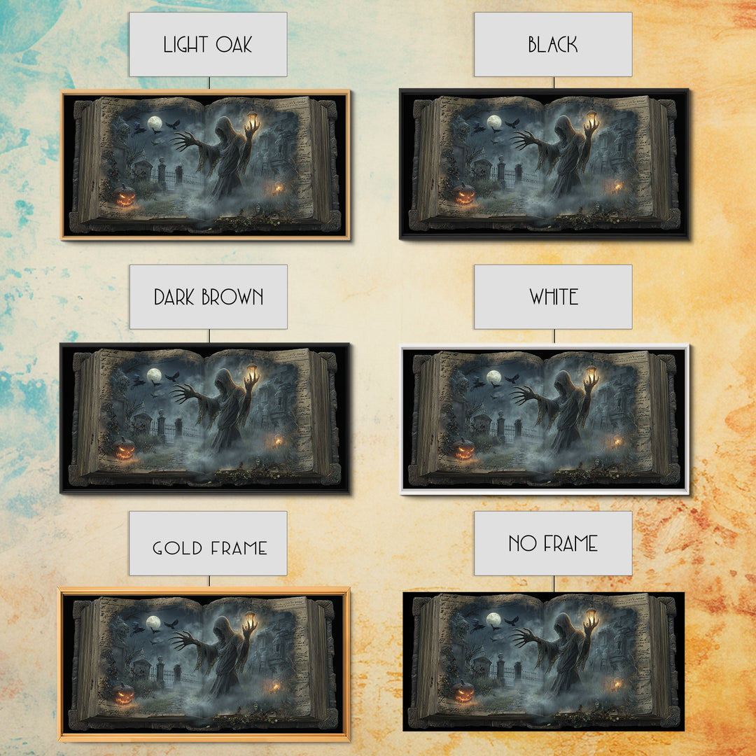The Living Spellbook, Wide Panoramic Art, Macabre Wall Art, Framed Canvas Print, Halloween Wall Decor, Gothic Home Decor, Dark Fantasy Art