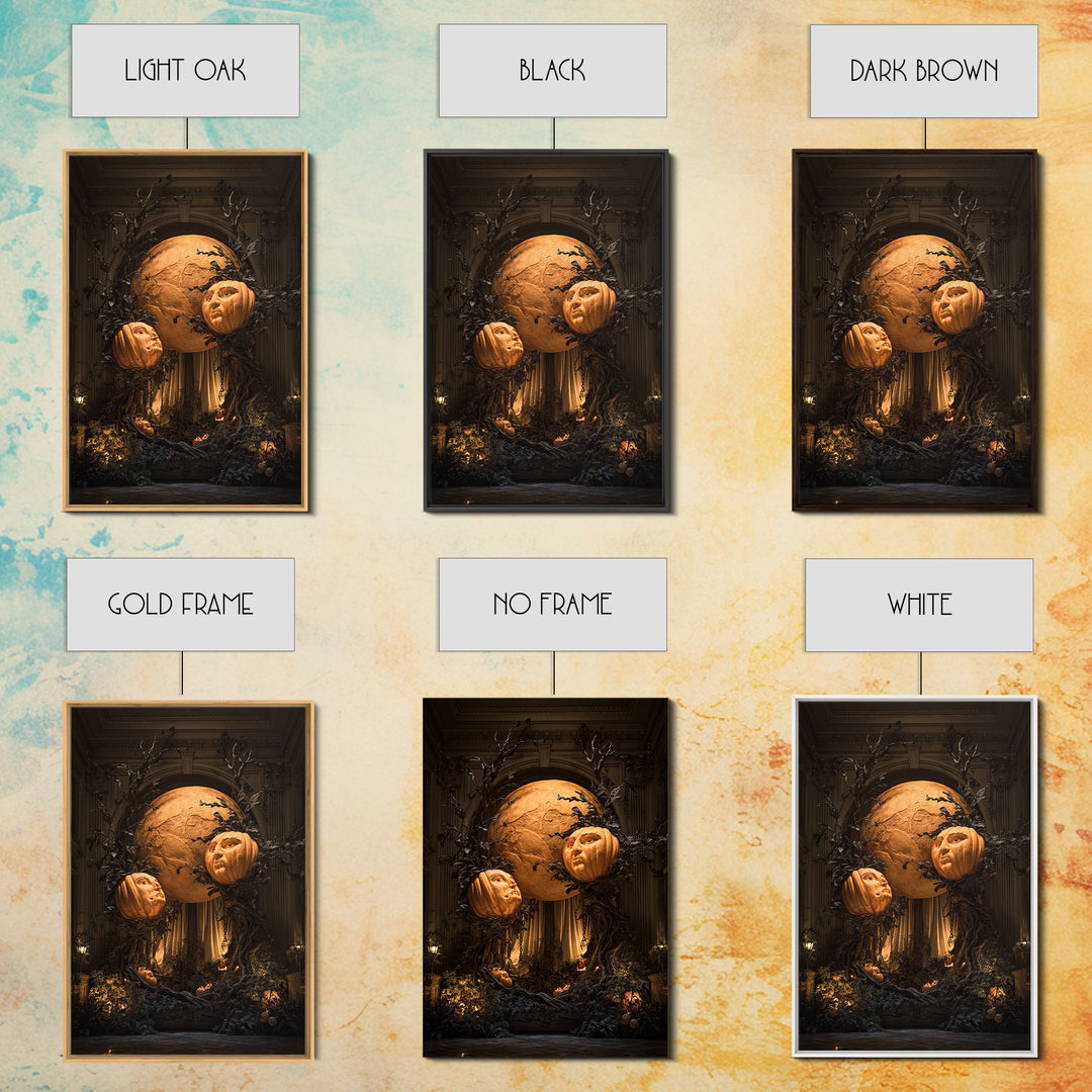 Pumpkins And Moon Phases, Vertical Wall Art, Macabre Wall Art, Framed Canvas Print, Halloween Wall Decor, Gothic Home Decor