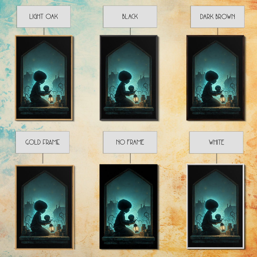 The Child Who Caught A Moon-Spawn, Vertical Wall Art, Eldritch Gothic Decor, Framed Canvas Print, Halloween Wall Decor, Gothic Home Decor