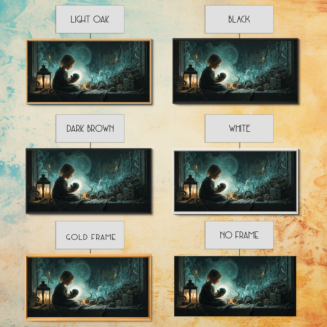 The Child Who Caught A Moon-Spawn, Wide Panoramic Art, Lovecraftian Horror Art, Framed Canvas Print, Halloween Wall Decor, Gothic Home Decor
