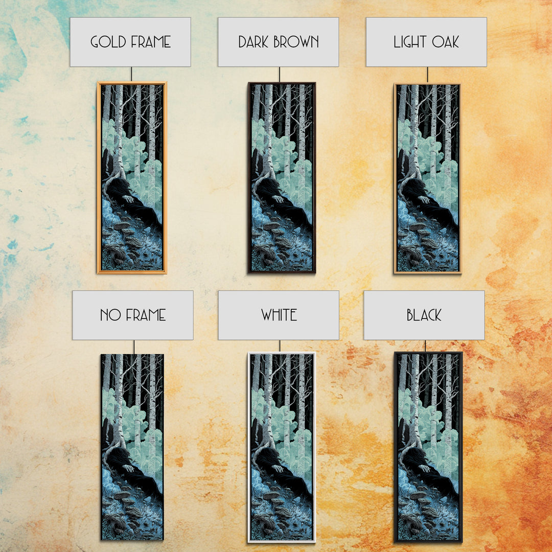 The Sleeper In The Birch Grove, Tall Narrow Wall Art, Spooky Home Decor, Framed Canvas Print, Halloween Wall Decor, Gothic Home Decor