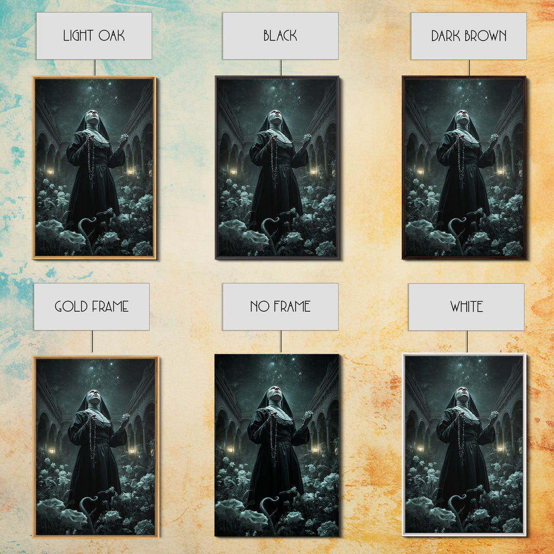 The Nun Of The Endless Constellation, Vertical Wall Art, Spooky Home Decor, Framed Canvas Print, Halloween Wall Decor, Gothic Home Decor