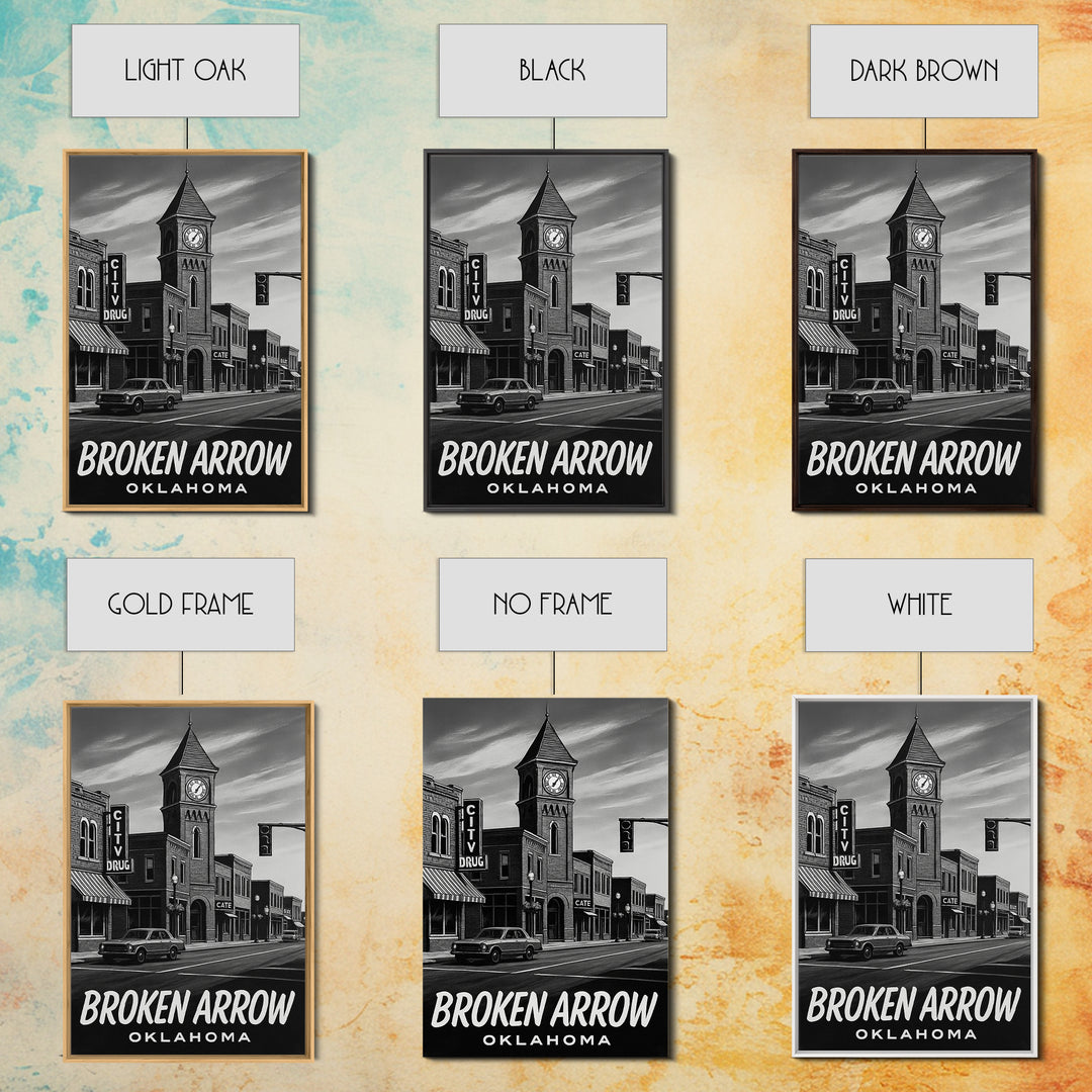 Broken Arrow Travel Poster, Framed Canvas Print, Dark Moody City Wall Art, Broken Arrow Art Print, Mid Century Wall Art, City Art Print