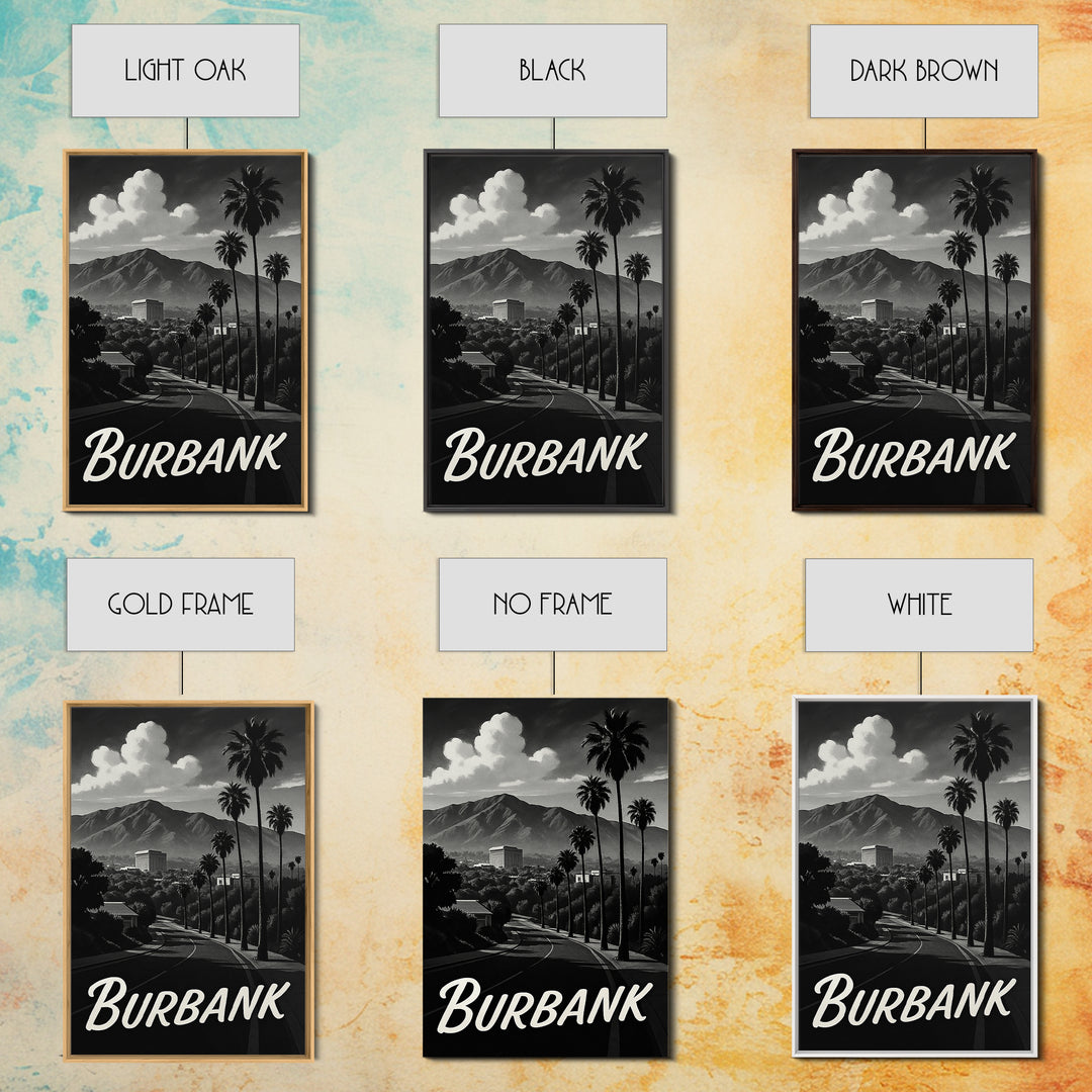 Burbank Travel Poster, Framed Canvas Print, Night Street Poster Art, Burbank City Art, Gift For Travelers, Eclectic Wall Decor