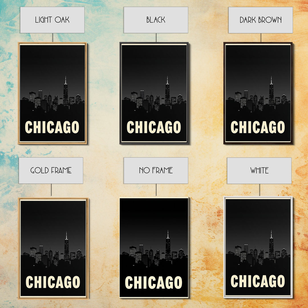 Chicago Illinois Travel Poster, Framed Canvas Print, Night Street Poster Art, Chicago Art Print, Vintage Travel Print, Travel Poster Art