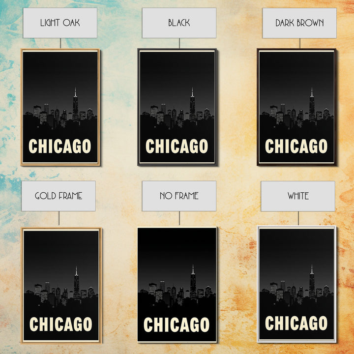 Chicago Illinois Travel Poster, Framed Canvas Print, Night Street Poster Art, Chicago Art Print, Vintage Travel Print, Travel Poster Art