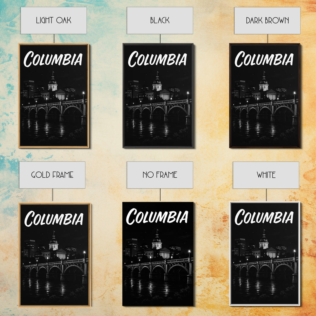 Columbia South Carolina Travel Poster, Canvas Print, Night Street Poster Art, Columbia Travel Art, Travel Prints, Art Print, Travel Wall Art