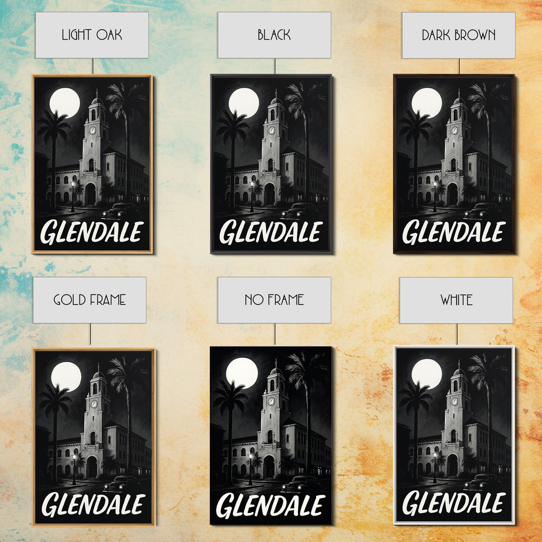 Glendale Travel Poster, Framed Canvas Print, Night Street Poster Art, Glendale City Art, Wanderlust Decor, Travel Wall Decor, Design 4