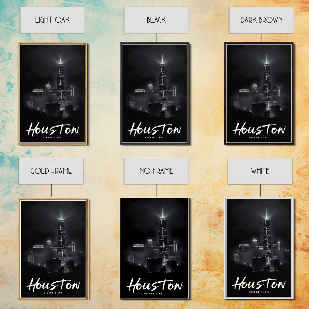 Houston Texas Travel Poster, Framed Canvas Print, Dark Moody City Wall Art, Houston City Art, Gift For Travelers, Living Room Wall Art