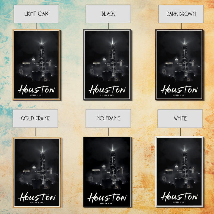 Houston Texas Travel Poster, Framed Canvas Print, Dark Moody City Wall Art, Houston City Art, Gift For Travelers, Living Room Wall Art