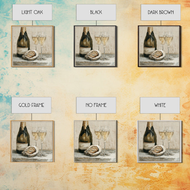 Elegant Oyster and Champagne Still Life Framed Canvas Print, Dining Room Art, Bedroom Decor, Dining Room Decor, Dining, DRA-1x1-7