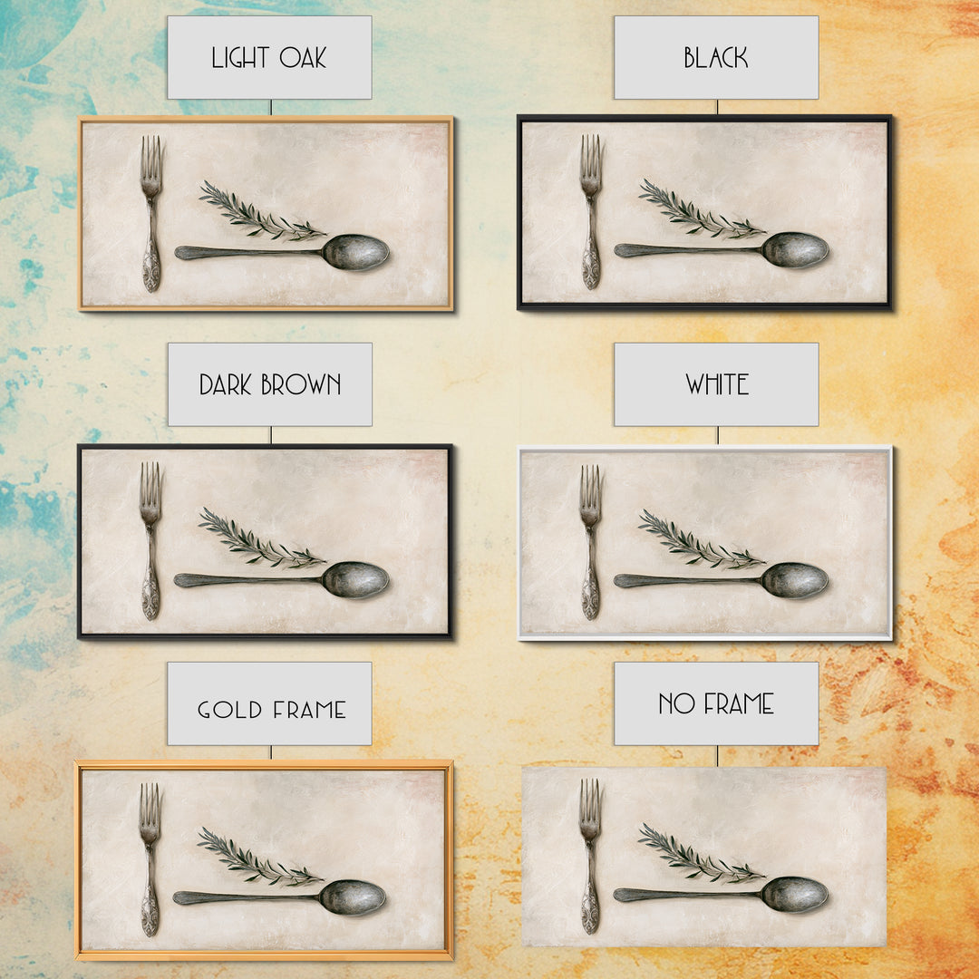 Minimal Fork Spoon and Herb Composition Framed Canvas Print, Dining Room Art, Dining Room Decor, Oil Painting, Dining, DRA-2x1-90