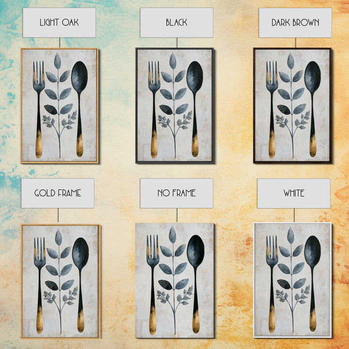 Minimal Fork Spoon and Herb Composition Framed Canvas Print, Dining Room Art, Wall Decor, Dining Room Decor, Fine Art, Dining, DRA-2x3-30