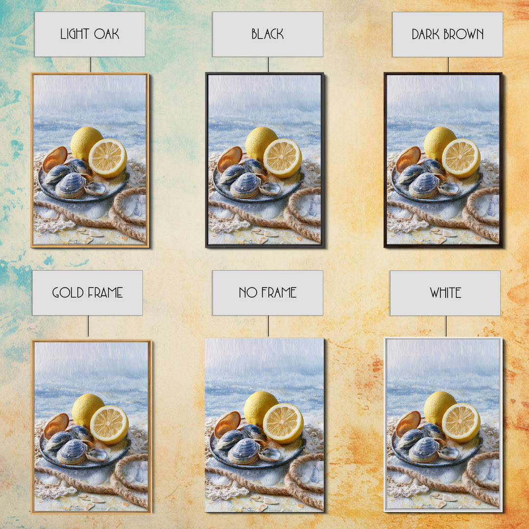 Shellfish and Lemon Still Life Framed Canvas Print, Dining Room Art, Kitchen Prints, Dining Room Decor, Watercolor Art, Dining, DRA-2x3-48