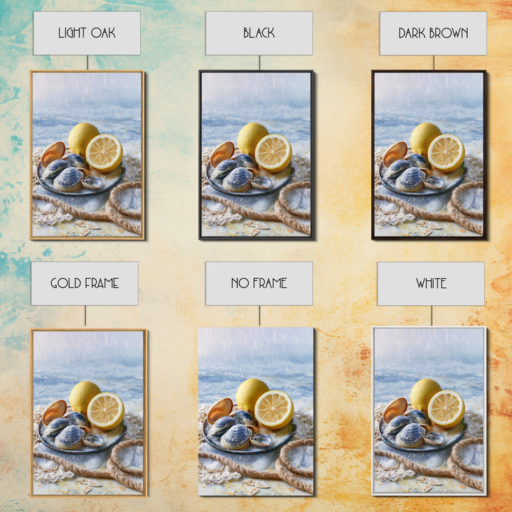Shellfish and Lemon Still Life Framed Canvas Print, Dining Room Art, Kitchen Prints, Dining Room Decor, Watercolor Art, Dining, DRA-2x3-48