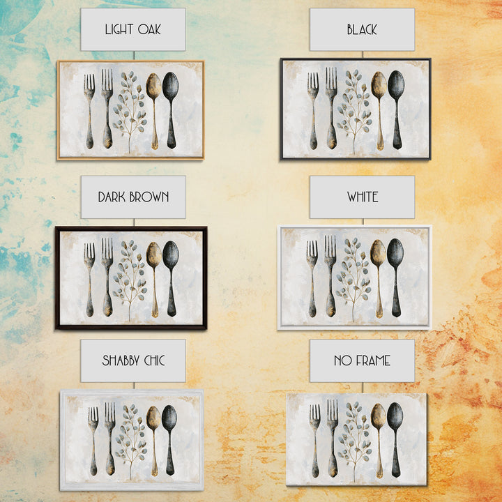 Minimal Fork Spoon and Herb Composition Framed Canvas Print, Dining Room Art, Kitchen Decor, Dining Room Decor, Oil Painting, DRA-3x2-74