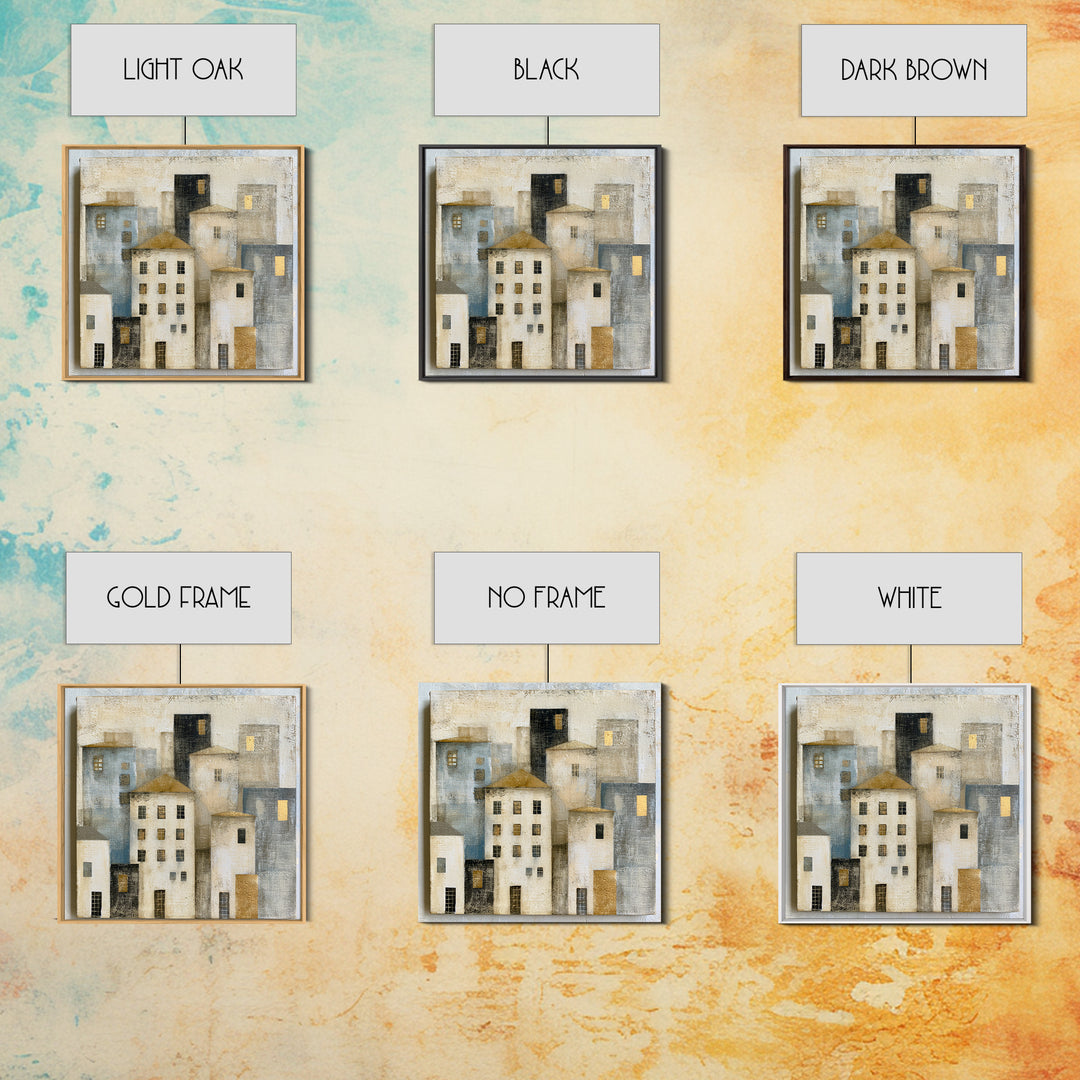 Naive Cityscape with Patterned Windows Framed Canvas Print, Eclectic Art, Art, Living Room Decor, Fine Art, Eclectic, ECL-1x1-12