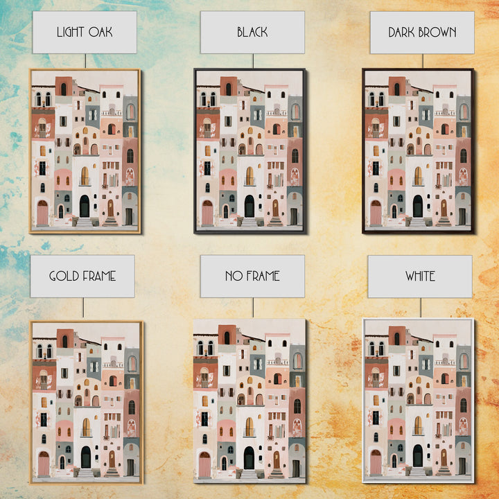 Naive Cityscape with Patterned Windows Framed Canvas Print, Eclectic Art, Neutral Decor, Living Room Decor, Oil Painting, ECL-2x3-20