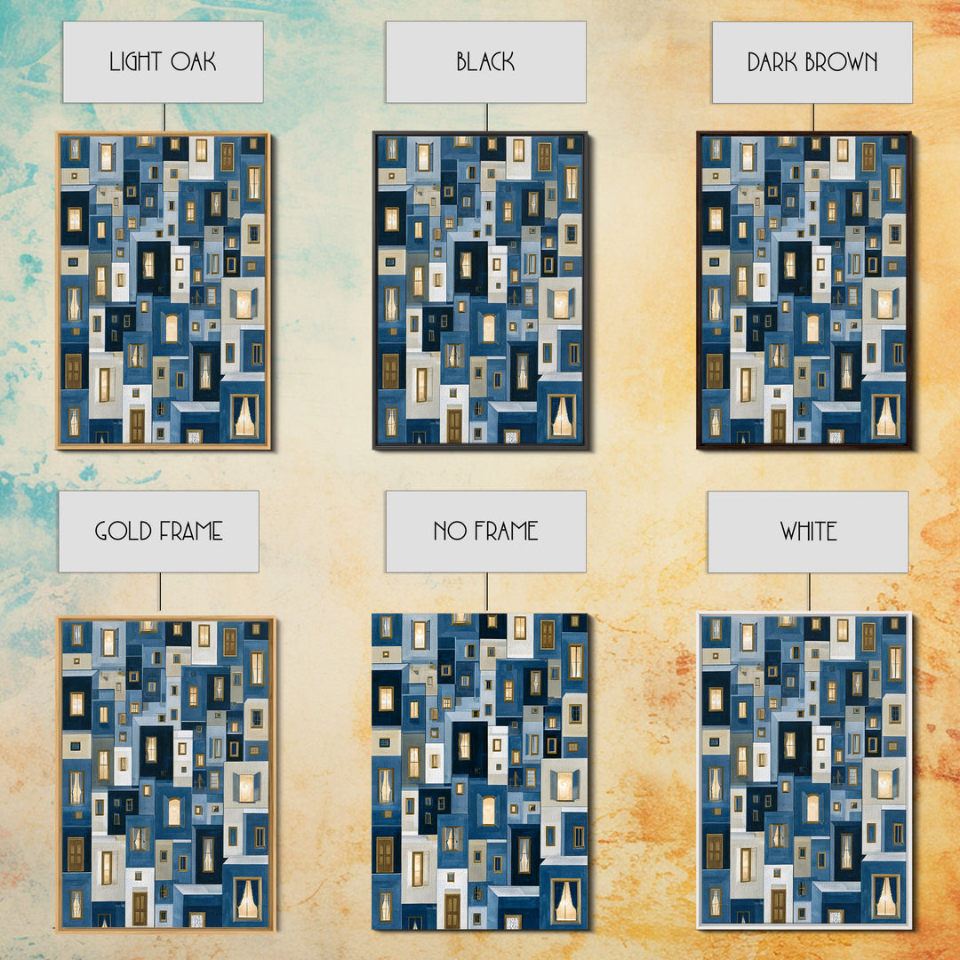 Naive Cityscape with Patterned Windows Framed Canvas Print, Eclectic Art, Luxury Decor, Living Room Decor, Fine Art, Eclectic, ECL-2x3-68