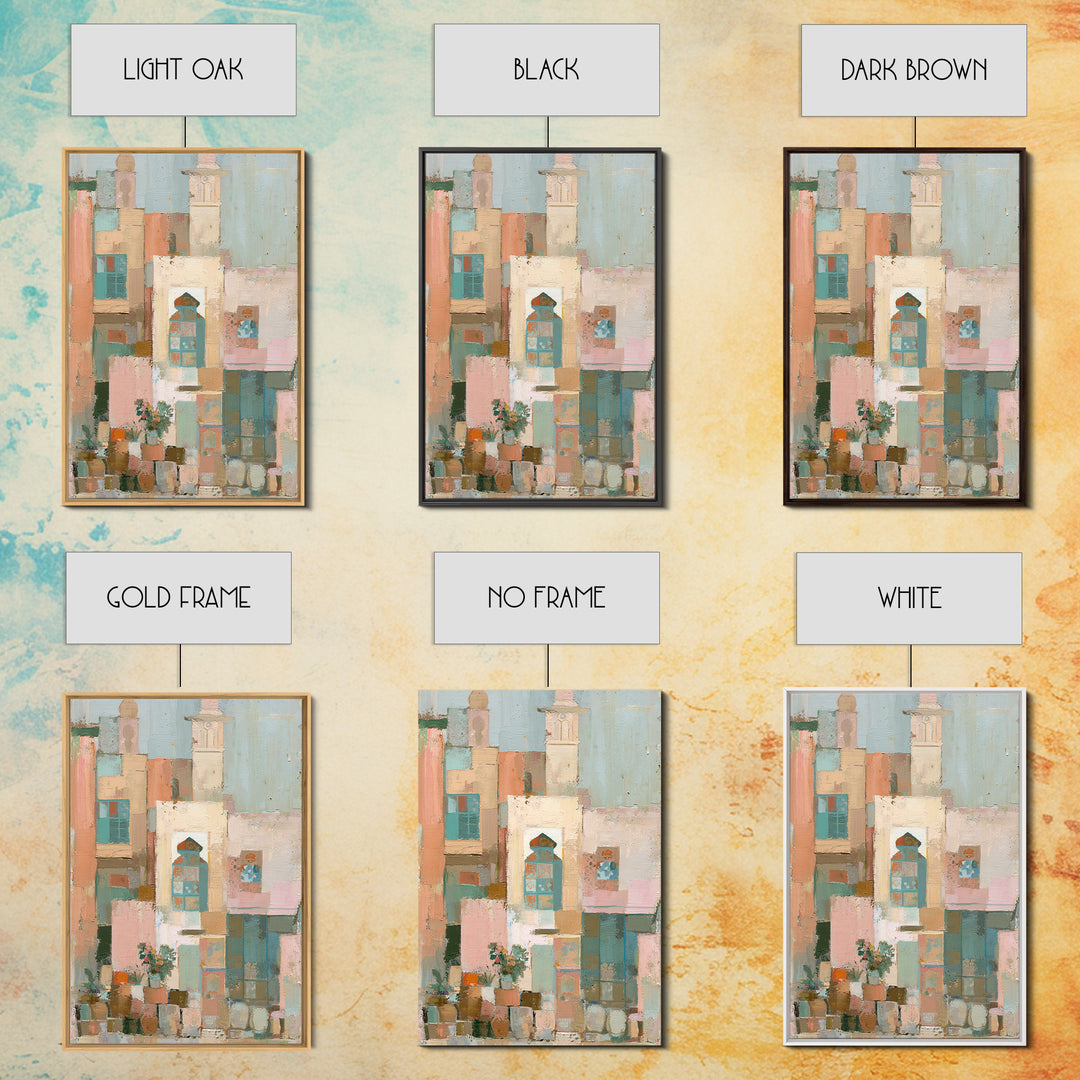 Naive Cityscape with Patterned Windows Framed Canvas Print, Eclectic Art, Original Art, Living Room Decor, Abstract Art, ECL-2x3-92