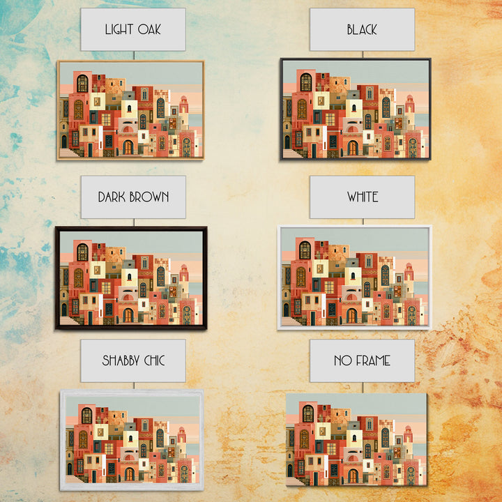 Naive Cityscape with Patterned Windows Framed Canvas Print, Eclectic Art, Original Art, Living Room Decor, Abstract Art, ECL-3x2-64