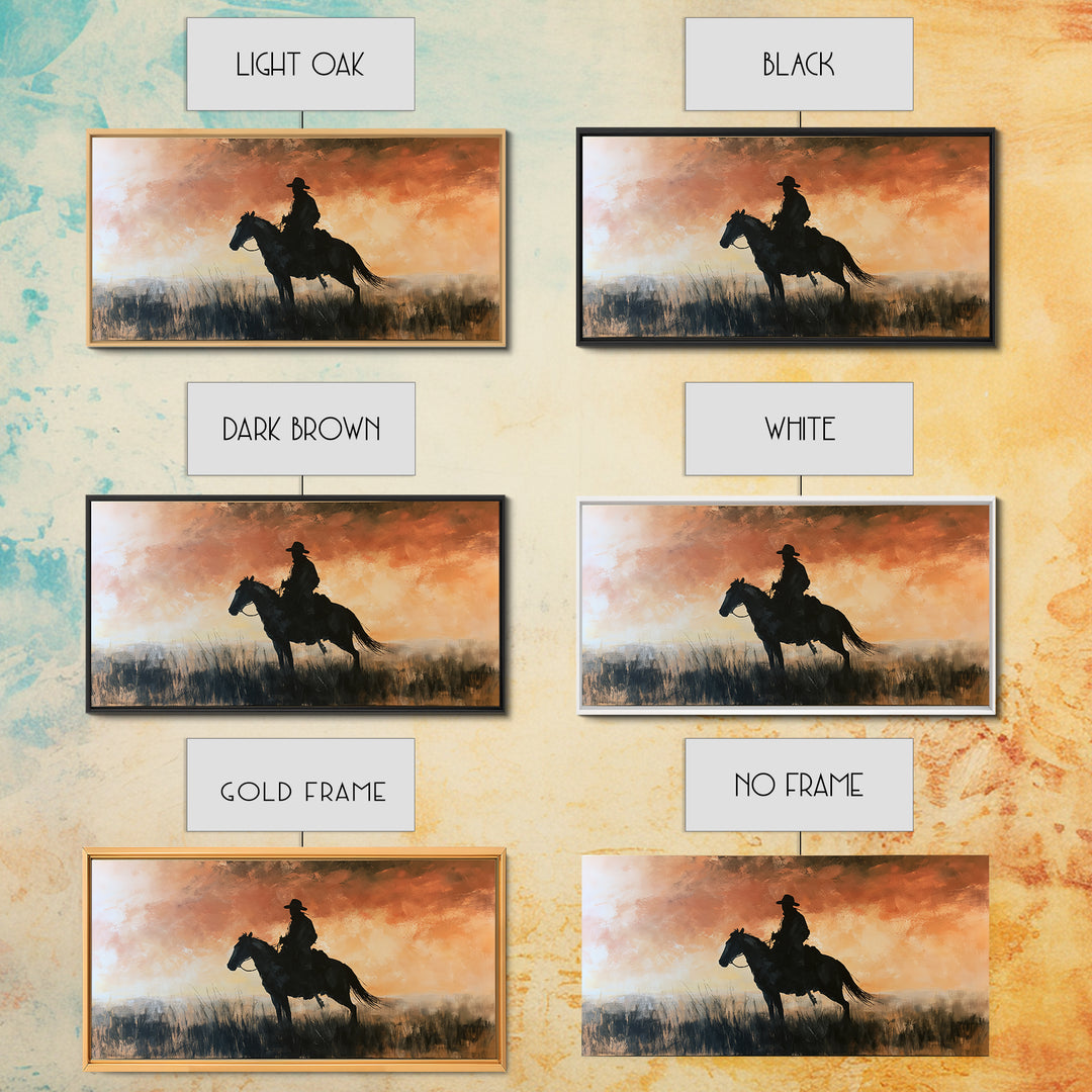 Equestrian Rider Silhouette at Sunrise Framed Canvas Print, Equestrian Art, Western Art, Living Room Decor, Equestrian, EQU-2x1-95