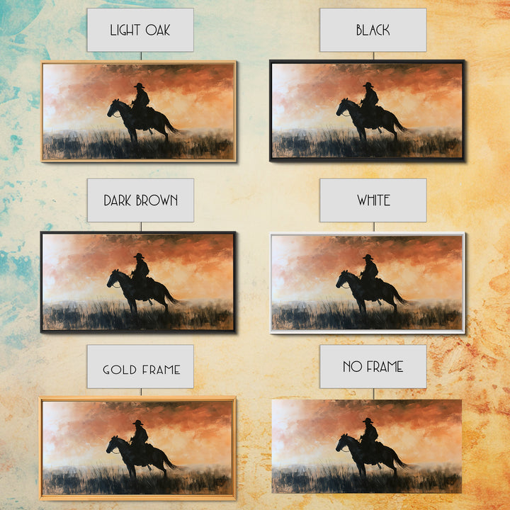 Equestrian Rider Silhouette at Sunrise Framed Canvas Print, Equestrian Art, Western Art, Living Room Decor, Equestrian, EQU-2x1-95