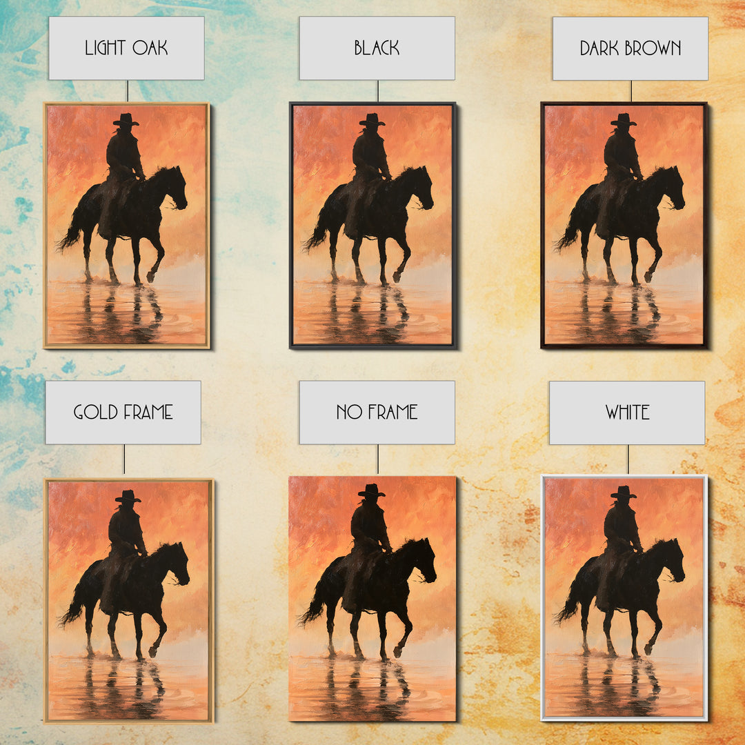 Equestrian Rider Silhouette at Sunrise Canvas Print, Equestrian Art, Antique Oil Painting, Living Room Decor, Abstract Art, EQU-2x3-11