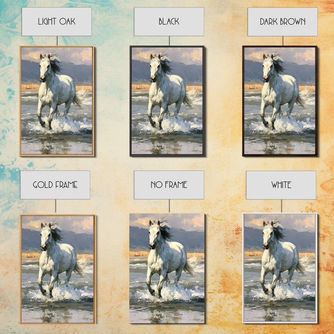 White Horse Running Through Shallow Water Canvas Print, Equestrian Art, Digital Print, Living Room Decor, Fine Art, Equestrian, EQU-2x3-61