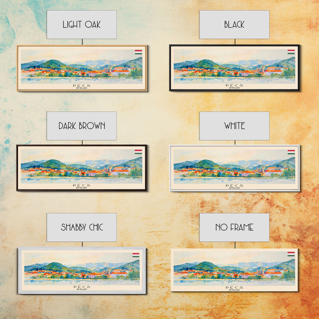 Pécs Hungary Panoramic Travel Poster, Framed Canvas Print or Metal Wall Art, Travel Art, Home Decor, Panoramic Painting, Midcentury Art