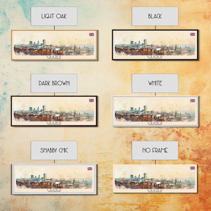 Leeds United Kingdom Panoramic Travel Poster, Framed Canvas Print or Metal Wall Art, Travel Art, Home Decor, Panoramic Painting, Midcentury Art