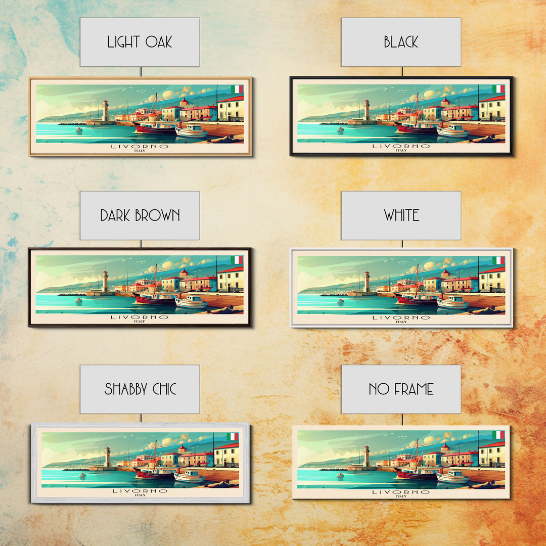 Livorno Italy Panoramic Travel Poster, Framed Canvas Print or Metal Wall Art, Travel Art, Home Decor, Panoramic Painting, Midcentury Art