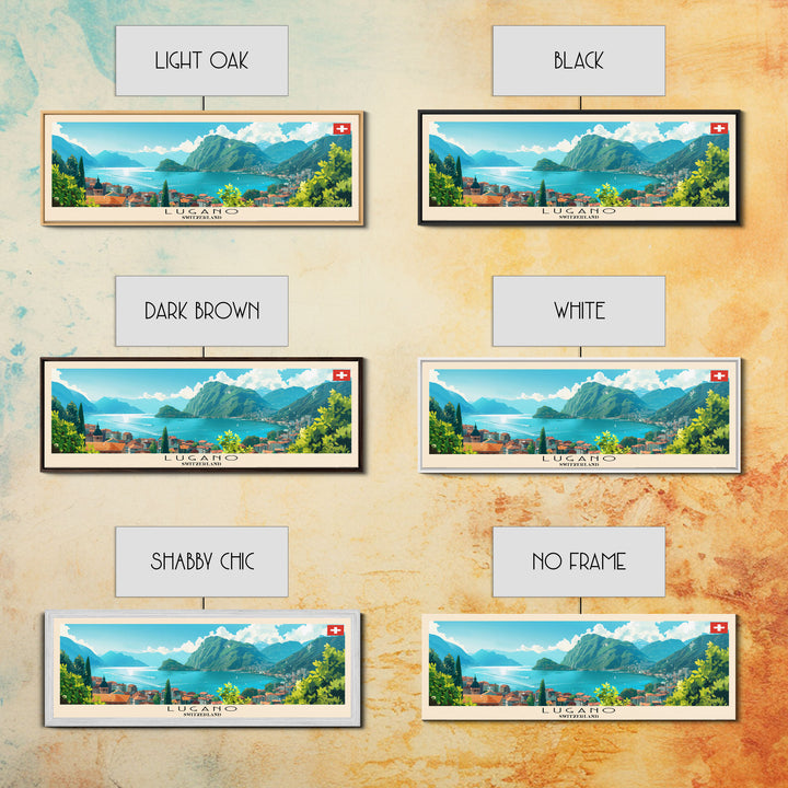 Lugano Switzerland Panoramic Travel Poster, Framed Canvas Print or Metal Wall Art, Travel Art, Home Decor, Panoramic Painting, Midcentury Art