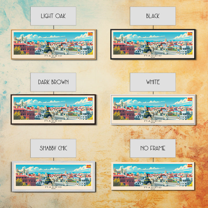 Madrid Spain Panoramic Travel Poster, Framed Canvas Print or Metal Wall Art, Travel Art, Home Decor, Panoramic Painting, Midcentury Art