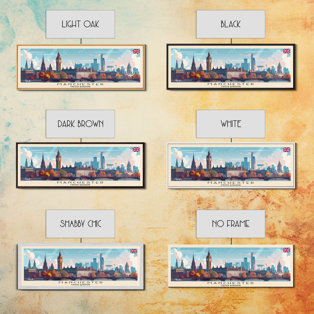 Manchester United Kingdom Panoramic Travel Poster, Framed Canvas Print or Metal Wall Art, Travel Art, Home Decor, Panoramic Painting, Midcentury Art