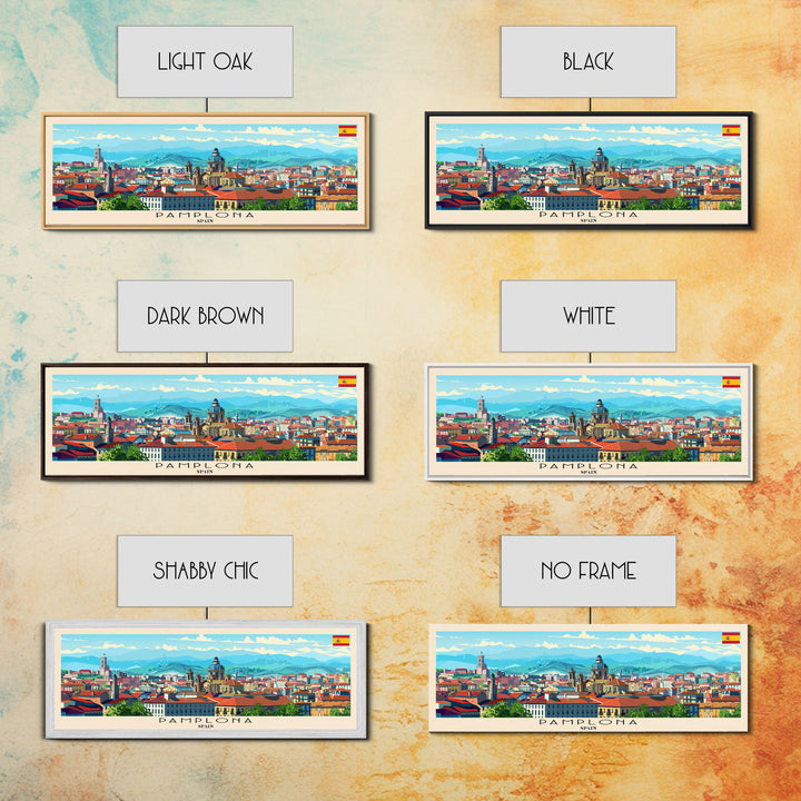 Pamplona Spain Panoramic Travel Poster, Framed Canvas Print or Metal Wall Art, Travel Art, Home Decor, Panoramic Painting, Midcentury Art